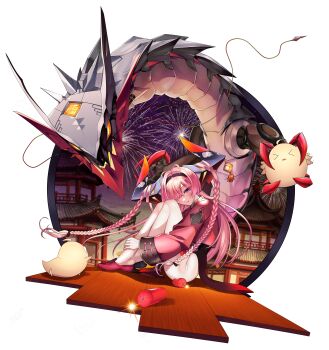 &gt;_&lt; absurdres aerial_fireworks antenna_hair architecture azur_lane braid china_dress chinese_clothes dragon dress dynamite east_asian_architecture eastern_dragon explosive fireworks hair_on_horn hair_over_one_eye highres horns huge_horns long_hair long_sleeves looking_at_viewer manjuu_(azur_lane) mechanical_horns mixed-language_commentary multicolored_horns non-humanoid_robot official_alternate_costume pink_hair pink_shoes pink_shrug prinz_rupprecht_(azur_lane) prinz_rupprecht_(the_gate_dragon_advent)_(azur_lane) purple_eyes robot robot_dragon shoes shrug_(clothing) transparent_background twin_braids two-tone_horns very_long_hair zecond