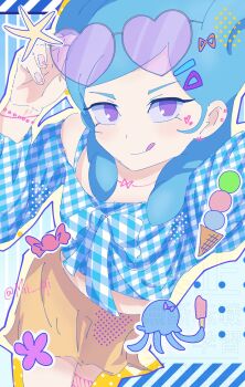 beta_(inazuma_eleven) blue_hair double_bun glasses hair_bun heart heart-shaped_eyewear highres inazuma_eleven_(series) inazuma_eleven_go inazuma_eleven_go_chrono_stone pink_nails purple_eyes shirt squid sunglasses