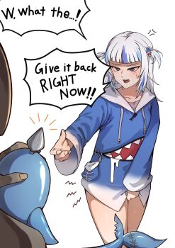 1boy 1girl absurdres anal_beads anal_tail animal_costume animal_hood annoyed blue_eyes blue_hair blue_hoodie blunt_bangs butt_plug english_text fake_tail fins fish_tail gawr_gura gawr_gura_(1st_costume) grey_hair hair_ornament highres hololive hololive_english hood hoodie implied_object_insertion implied_tail_plug iver_(reviolet) long_sleeves multicolored_hair open_mouth sex_toy shark_costume shark_girl shark_hair_ornament shark_hood shark_print shark_tail sharp_teeth speech_bubble streaked_hair tail teeth two_side_up unworn_butt_plug virtual_youtuber white_background