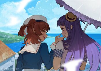 2girls ^_^ aijou_karen arm_at_side bird black_bow blue_shirt blue_sky blunt_bangs blush bow brown_hair building closed_eyes closed_mouth cloud day facing_another frilled_sleeves frilled_umbrella frills from_behind grey_shirt hand_on_another&#039;s_cheek hand_on_another&#039;s_face hand_up hashtag-only_commentary hat hat_bow highres holding holding_umbrella horizon long_hair looking_at_another looking_to_the_side lostastronaut mini_hat mini_top_hat multiple_girls ocean official_alternate_costume one_side_up outdoors parasol parted_lips profile purple_eyes purple_hair sailor sailor_collar sailor_hat sailor_shirt seagull shade shirt short_hair short_sleeves shoujo_kageki_revue_starlight sky smile striped_bow teeth tilted_headwear top_hat town tsuyuzaki_mahiru twitter_username umbrella upper_body upper_teeth_only white_sailor_collar white_umbrella yuri