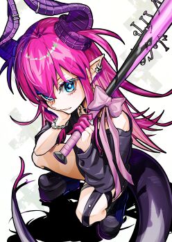 1girl absurdres black_shirt blue_eyes bracelet breasts choker curled_horns dragon_horns dragon_tail earrings elizabeth_bathory_(fate) elizabeth_bathory_(perfect)_(fate) elizabeth_bathory_(perfect)_(first_ascension)_(fate) fate/grand_order fate_(series) hair_ribbon highres horns iris_(tb33064667) jewelry long_hair looking_at_viewer off_shoulder pink_hair pointy_ears ribbon shirt short_sleeves small_breasts solo spiked_bat tail thigh_strap two_side_up
