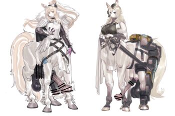 2futa absurdres animal_penis arknights armor blemishine_(arknights) breasts centaur extra_breasts extra_penises futanari hand_on_own_hip highres hitobashira_(1746164306) horse_penis huge_penis huge_testicles large_breasts large_penis large_testicles looking_at_viewer multiple_futa penis scabbard sheath sword taur testicles weapon whislash_(arknights) white_background