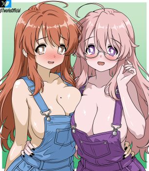 2girls absurdres ahoge asahina_mikuru blue_overalls blush breasts brown_eyes brown_hair frown glasses hand_on_another&#039;s_hip highres large_breasts long_hair lucky_star mole mole_on_breast multiple_girls navel open_mouth overalls pink_hair purple_overalls round_eyewear suzumiya_haruhi_no_yuuutsu t-works takara_miyuki twitter_logo twitter_username twitter_x_logo two-tone_background upper_body