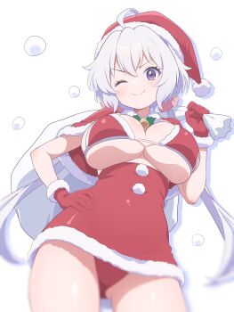 absurdres bag bikini capelet character_request christmas commentary_request cowboy_shot gloves gmkz_kawaii hat high-waist_skirt highres long_hair low_twintails one_eye_closed purple_eyes purple_hair red_bikini red_capelet red_gloves red_hat red_skirt santa_costume santa_hat senki_zesshou_symphogear simple_background skirt swimsuit twintails white_background yukine_chris