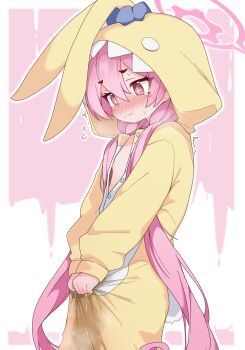 Rule 34 | 1girl, absurdres, blue archive, blush, commentary request, halo, highres, koyuki (blue archive), koyuki (pajamas) (blue archive), lmc (lmcgarage), long hair, official alternate costume, peeing, peeing self, pink eyes, pink hair, pink halo, solo