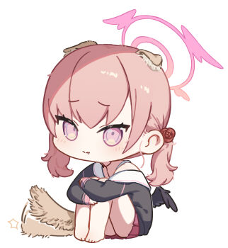 1girl afterimage alternate_species animal_ears bamyamsj barefoot black_shirt blue_archive blush chibi chibi_only closed_mouth collarbone commentary_request dog_ears dog_girl dog_tail extra_ears fang floppy_ears full_body furrowed_brow halo highres hugging_own_legs knees_up koharu_(blue_archive) korean_commentary looking_at_viewer medium_hair miniskirt motion_lines no_headwear pink_eyes pink_hair pink_halo pink_skirt pleated_skirt sailor_collar school_uniform serafuku shirt simple_background single_bare_shoulder sitting skirt sleeves_past_wrists solo split_mouth tail tail_wagging tsurime twintails white_background white_sailor_collar winged_halo