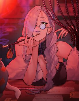 1girl absurdres bare_shoulders black_dress blue_lips breasts cleavage dress eyeliner fate/grand_order fate_(series) glasses grin hair_over_one_eye highres hiyayaako large_breasts long_hair looking_at_viewer makeup mrs._snake_(fate) round_eyewear smile solo white_hair yellow_eyes