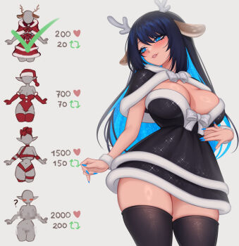 1girl absurdres anna_o_renko antlers artist_name black_capelet black_dress black_hair black_thighhighs blue_eyes blue_hair blue_nails blush bow breasts capelet cleavage colored_inner_hair commentary dress english_commentary fake_antlers fingernails fur-trimmed_capelet fur-trimmed_dress fur_trim grey_background highres horns large_breasts long_hair looking_to_the_side multicolored_hair nail_polish navel original parted_lips reindeer_antlers solo strapless strapless_dress thighhighs twitter_strip_game very_long_hair white_bow zettai_ryouiki