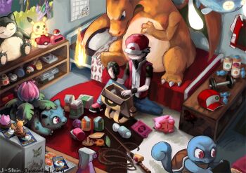 1boy amiibo backpack bag barbell bed brown_hair bulbasaur charizard charmander chinchou clefairy colander commentary eevee elixir english_commentary evolution_stone fire fishing_rod flame-tipped_tail fossil gen_1_pokemon gen_2_pokemon gengar hat holding ivysaur j-stein jacket jigglypuff king&#039;s_rock legendary_pokemon male_focus mewtwo nidorino nintendo pikachu poke_flute pokedex pokemon pokemon_(creature) pokemon_frlg pokemon_rgby pokemon_tcg potion_(pokemon) rare_candy red_(pokemon) red_hat red_jacket snorlax squirtle sun_stone sun_stone_(pokemon) tail tm_(pokemon)