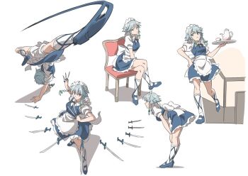 1girl apron blue_dress blue_eyes blue_shoes braid commentary_request crossed_legs cup dress expressionless from_side full_body grey_hair gyouza_(mhea5724) hair_ribbon hand_on_own_hip holding holding_knife holding_tray izayoi_sakuya knife leaning_forward legs looking_at_viewer maid maid_apron maid_headdress medium_hair multiple_knives ribbon shirt shoes short_sleeves shorts sitting socks teacup teapot thighs touhou tray twin_braids variations white_background white_shirt white_shorts white_socks