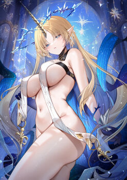 1girl absurdres black_collar blonde_hair blue_eyes blue_hair blue_hands breast_curtains breasts collar colored_extremities colored_inner_hair commentary cowboy_shot crown_of_thorns earrings fleurdelys_(wuthering_waves) floating_earrings highres horns jewelry large_breasts light_blush long_hair long_horns looking_at_viewer multicolored_hair navel nude parted_bangs parted_lips pointy_ears single_horn solo stomach thighs very_long_hair wuthering_waves yellow_horns yukineko1018