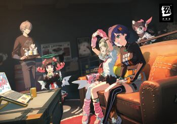 Rule 34 | 1boy, 4girls, absurdres, angels of delusion, aria (zenless zone zero), arm warmers, belle (zenless zone zero), black hair, blue hair, breasts, brother and sister, commentary, controller, english commentary, game controller, green eyes, green hair, hair between eyes, hair ornament, highres, holding, holding controller, holding game controller, leg warmers, mechanical hair, medium breasts, multicolored hair, multiple girls, multiple hair clips, nangong yu, official art, open mouth, pink arm warmers, pink hair, playing games, playing video games, robot girl, shirt, short hair, siblings, smile, streaked hair, striped arm warmers, striped leg warmers, sunna (zenless zone zero), twintails, wise (zenless zone zero), zenless zone zero