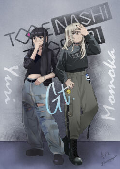 Rule 34 | 2girls, black boots, black choker, black eyes, black hair, black jacket, black nails, black shirt, blue nails, blue pants, boots, brown pants, choker, commentary request, dated commentary, fantasy6gp677, girls band cry, grey eyes, grey hair, group name, hand on own face, highres, jacket, kawaragi momoka, midriff, multicolored hair, multiple girls, nail polish, open clothes, open jacket, pants, real life, roots (hair), shirt, torn clothes, torn pants, voice actor, voice actor connection, yuri (voice actor)