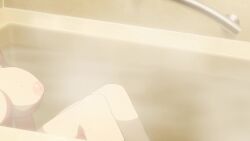 1girl animated anime_screenshot ass back backboob bathroom bathtub blue_eyes breasts completely_nude grabbing_own_stomach highres hotori_misaki large_breasts medium_hair nipples nude nukigee_mitai_na_shima_ni_sunderu_watashi_wa_dou_surya_ii_desu_ka? partially_submerged puffy_nipples purple_hair sound standing subtitled tagme thighs video water