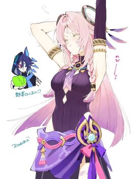 Rule 34 | 1boy, 1girl, :t, animal ears, arm tattoo, armlet, armpits, arms up, bat ears, black bra, black hood, black leotard, black shirt, black sleeves, blue eyes, blue gemstone, blunt ends, blunt tresses, blush, bow, bra, braid, breasts, cabbage, citlali (genshin impact), closed eyes, closed mouth, clothing cutout, commentary, covered navel, cropped torso, cryo symbol (genshin impact), detached sleeves, eyelashes, facial mark, facing to the side, feather hair ornament, feathers, floating headgear, food, forehead mark, gem, genshin impact, gold, grandmother and grandson, hair intakes, hair ornament, hair tubes, headgear, heattech leotard, heterochromia, hip vent, holding, holding food, holding vegetable, hood, hood up, jewelry, leotard, looking at viewer, marking on cheek, medium breasts, multicolored feathers, o-ring, ororon (genshin impact), otorinnnn, pink bow, pink hair, purple bow, purple feathers, purple hair, purple sarong, red eyes, ribbed leotard, ribbed sleeves, ring hair ornament, sarong, shirt, sidelocks, sleeveless, sleeveless shirt, smile, stretching, symbol-only commentary, tattoo, thigh marking, translation request, trembling, triangle, triangle facial mark, triangle ornament, turtleneck, twin braids, two-tone bow, underwear, vegetable, vision (genshin impact), white background