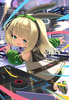 1girl :d animal_ear_headphones animal_ears aqua_eyes back belt blonde_hair cityscape commentary_request detached_sleeves dj fake_animal_ears final_fantasy final_fantasy_xiv finger_gun green_sleeves headphones highres holographic_interface lalafell light_blush long_hair looking_at_viewer looking_back mixing_console open_mouth outstretched_arm phonograph puffy_sleeves rabbit_ear_headphones rabbit_ears shelldy shirt sleeveless sleeveless_shirt smile solo stepping turntable warrior_of_light_(ff14) white_shirt