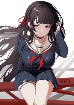 1girl artist_name black_hair black_serafuku black_skirt blunt_bangs blush breasts bright_pupils chisa_(wuthering_waves) closed_mouth commentary floating_hair fromabisu hair_ribbon highres large_breasts light_particles long_hair long_sleeves looking_ahead mole mole_under_eye neckerchief pleated_skirt purple_eyes red_neckerchief red_ribbon ribbon sailor_collar school_uniform serafuku shirt sidelocks simple_background sitting skirt smile solo symbol-only_commentary thigh_strap thighs very_long_hair white_background white_pupils white_sailor_collar wuthering_waves