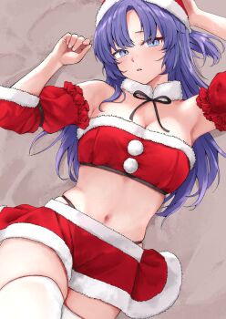 1girl absurdres alternate_costume armpits arms_up awnw bare_shoulders black_ribbon blue_archive breasts christmas commentary cowboy_shot detached_sleeves frilled_sleeves frills fur-trimmed_skirt fur-trimmed_sleeves fur-trimmed_tube_top fur_collar fur_trim hat highres light_blush long_hair looking_at_viewer lying medium_breasts navel neck_ribbon on_back panty_straps parted_lips purple_eyes purple_hair red_skirt red_sleeves red_tube_top ribbon santa_costume santa_hat skirt solo stomach strapless thighhighs tube_top white_thighhighs yuuka_(blue_archive)