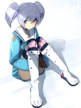 Rule 34 | 1girl, black thighhighs, blue shirt, boots, brown gloves, chikokagaku, closed mouth, collared shirt, commentary request, full body, gloves, hair between eyes, hands under legs, knee boots, orange eyes, pink thighhighs, purple hair, shirt, short hair, sitting, solo, striped clothes, striped thighhighs, thighhighs, top wo nerae! (series), top wo nerae 2!, twintails, two-tone thighhighs, tycho science, white background, white boots