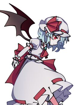 Rule 34 | 1girl, ascot, back bow, bat wings, blue hair, bow, brooch, commentary request, expressionless, hat, hat ribbon, highres, illust atelier3, jewelry, mob cap, one-hour drawing challenge, puffy short sleeves, puffy sleeves, red ascot, red bow, red eyes, remilia scarlet, ribbon, ribbon-trimmed skirt, ribbon trim, shirt, short sleeves, simple background, skirt, skirt set, solo, touhou, white background, white hat, white shirt, white skirt, wings, wrist cuffs