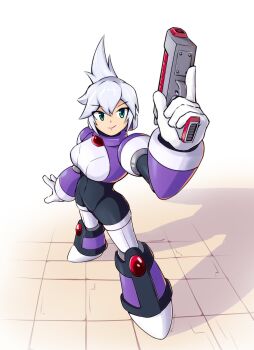 1girl armor black_bodysuit bodysuit breasts chest_jewel commentary english_commentary full_body green_eyes grey_hair gun highres holding holding_gun holding_weapon mega_man_(series) mega_man_x_(series) mega_man_x_corrupted purple_armor robot_ears smile solo standing surrealmason trigger_discipline weapon