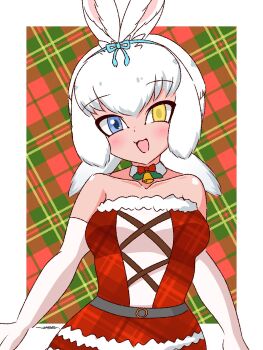 1girl alternate_costume animal_ears bare_shoulders bell blue_bow blue_eyes bow bowtie collarbone commentary_request cowboy_shot detached_collar dress elbow_gloves gloves hair_between_eyes hair_bow heterochromia highres kemono_friends neck_bell plaid_background plaid_clothes plaid_dress rabbit_ears rabbit_girl red_bow red_bowtie red_dress santa_costume santa_dress short_hair sidelocks sleeveless solo tegran tsukuyomi_shinshi_(kemono_friends) white_gloves white_hair yellow_eyes
