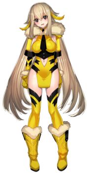 Rule 34 | 1girl, alternate color, arcanine, black eyes, black thighhighs, blonde hair, boots, breasts, clothing cutout, dress, dual persona, full body, fur-trimmed boots, fur-trimmed gloves, fur collar, fur trim, gen 1 pokemon, gloves, head tilt, katagiri hachigou, legs apart, long hair, medium breasts, navel, navel cutout, nintendo, open mouth, pokemon, shiny pokemon, short dress, simple background, smile, solo, standing, thighhighs, two-tone legwear, very long hair, white background, yellow boots, yellow gloves, yellow thighhighs