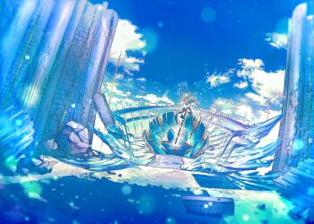 absurdres blue_sky blue_theme cloud cloudy_sky fate/grand_order fate_(series) highres no_humans reluvy ruins scenery sky staff_of_selection_(fate) stairs throne throne_room
