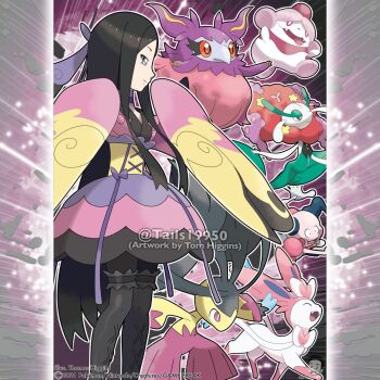 aromatisse artist_name black_boots black_eyes black_hair boots bow bright_pupils closed_eyes closed_mouth colored_sclera commentary company_name copyright_notice corset english_commentary fangs florges florges_(red_flower) from_side furisode gen_1_pokemon gen_3_pokemon gen_6_pokemon instagram_username japanese_clothes kimono long_eyelashes long_hair mawile mega_mawile mega_pokemon merchandise_available mr._mime multicolored_kimono nintendo official_style open_mouth outline pink_eyes pokemon pokemon_(creature) pokemon_team pokemon_xy purple_bow purple_eyes red_eyes red_sclera slurpuff smile standing sylveon tom_higgins tongue tongue_out valerie_(pokemon) watermark white_outline white_pupils yellow_corset