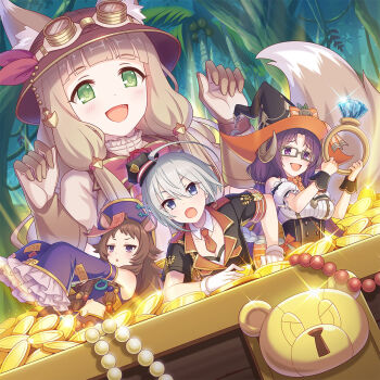 Rule 34 | 4girls, :d, :o, ahoge, album cover, animal ear fluff, animal ears, black corset, black jacket, black wrist cuffs, blue eyes, blunt bangs, blush, breasts, brown hair, cleavage, coin, collar, collarbone, commentary request, corset, cover, detached collar, detached sleeves, fang, fox ears, frilled sleeves, frills, gem, glasses, gloves, goggles, goggles on headwear, gold coin, green eyes, grey hair, hair between eyes, hands up, hat, highres, holding, holding jewelry, holding ring, horns, jacket, jewelry, lapels, long hair, looking at viewer, low twintails, maho (explorer) (princess connect!), maho (princess connect!), medium breasts, multiple girls, nanaka (halloween) (princess connect!), nanaka (princess connect!), navel, necktie, notched lapels, official art, open mouth, orange necktie, pearl (gemstone), princess connect!, purple eyes, rectangular eyewear, rin (halloween) (princess connect!), rin (princess connect!), ring, short hair, short necktie, short sleeves, sleeves past fingers, sleeves past wrists, smile, squirrel ears, tomo (halloween) (princess connect!), tomo (princess connect!), treasure chest, twintails, white collar, white gloves, witch hat, wrist cuffs