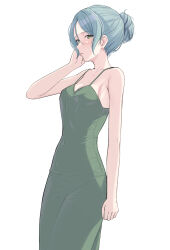Rule 34 | 1girl, absurdres, alternate hairstyle, aqua hair, arm at side, armpit crease, bang dream!, bare arms, bare shoulders, breasts, closed mouth, collarbone, commentary request, covered navel, cowboy shot, dress, from side, green dress, green eyes, hair between eyes, hair bun, hand on own cheek, hand on own face, hand up, highres, hikawa sayo, korean commentary, long bangs, looking at viewer, looking to the side, medium breasts, pantylines, ptal, short hair, sideways glance, simple background, single hair bun, sleeveless, sleeveless dress, solo, spaghetti strap, standing, white background