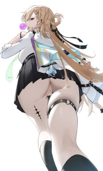 1girl absurdres anus ass black_skirt blonde_hair breasts cleft_of_venus commentary dongye1551 earrings highres holding holding_jacket holding_unworn_clothes jacket jewelry large_breasts long_hair looking_at_viewer looking_back lynae_(wuthering_waves) no_panties pussy shirt simple_background skirt solo star_(symbol) star_earrings tacet_mark_(wuthering_waves) thigh_strap unworn_jacket white_background white_jacket white_shirt wuthering_waves