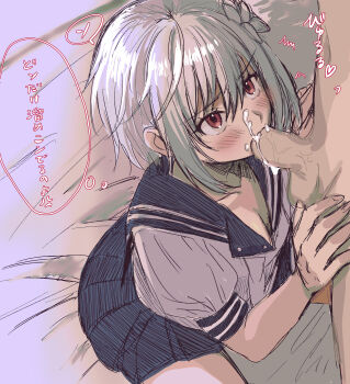 1boy 1girl a_certain_high_school_uniform absurdres accelerator_(toaru_majutsu_no_index) blush breasts cleavage commentary_request cum cum_on_body faceless faceless_male facial fellatio flower hair_flower hair_ornament highres leaning_forward looking_at_another on_bed oral red_eyes school_uniform short_hair sitting sketch small_breasts speech_bubble suzushina_yuriko tjvw5858 toaru_majutsu_no_index translation_request unbuttoned unbuttoned_shirt white_hair