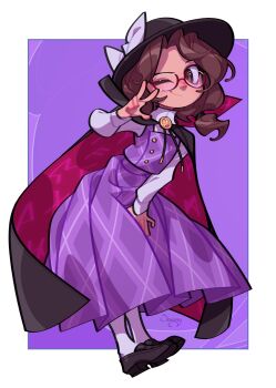 1girl artist_name black_cape bow brown_hair buttons cape color_wheel_challenge fedora full_body hat hat_bow highres leaning_forward long_skirt long_sleeves low_twintails medium_hair multiple_drawing_challenge plaid_clothes plaid_skirt plaid_vest purple_skirt purple_theme purple_vest semi-rimless_eyewear shirt skirt smile socks soemy touhou twintails two-sided_cape two-sided_fabric under-rim_eyewear usami_sumireko v v_over_eye vest white_shirt white_socks