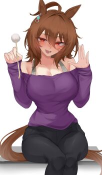 1girl absurdres agnes_tachyon_(casual)_(umamusume) agnes_tachyon_(umamusume) ahoge animal_ear_piercing animal_ears bare_shoulders black_pants blush breasts brown_hair brown_tail cleavage collarbone commentary earrings english_commentary hair_between_eyes hair_intakes hands_up highres holding horse_ears horse_girl horse_tail huge_ahoge jewelry lap_pillow_invitation large_breasts long_hair_between_eyes long_sleeves looking_at_viewer medium_hair mimikaki off-shoulder_shirt off_shoulder open_mouth pants purple_shirt red_eyes shirt simple_background single_earring sitting sleeves_past_wrists smile solo tail umamusume white_background xkittyzx