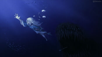 1girl artist_name baloolax barefoot blue_theme bubble fins fish fish_tail gawr_gura grey_hair hair_ornament highres hololive hololive_english horror_(theme) medium_hair monster outstretched_hand polearm scared school_of_fish sea_monster shark_girl shark_hair_ornament shark_tail sharp_teeth side_ponytail swimming tail teeth trident twitter_username two_side_up underwater underwear virtual_youtuber weapon