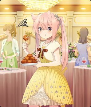 3girls :t alcohol blonde_hair blush bone bow bowtie brown_bow brown_bowtie brown_eyes brown_hair champagne champagne_flute chandelier chewing cowboy_shot cup dot_nose dress drinking_glass eating faceless faceless_female flower food food_bite formal_clothes game_cg green_dress hair_horns high_ponytail holding holding_plate indoors jewelry long_hair looking_at_viewer mashiko_kaoru meat multiple_girls necklace official_art open_clothes open_shirt pink_hair plate ponytail purple_dress purple_flower purple_rose rose round_table shirt short_sleeves solo_focus squiggle table tablecloth third-party_source toji_no_miko toji_no_miko:_kizamishi_issen_no_tomoshibi twintails vegetable white_shirt wine wine_glass yellow_dress