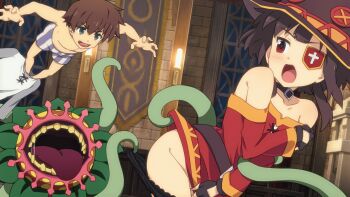 animated animated_gif bare_shoulders black_gloves black_panties brown_hair buttons choker clothes_lift commentary_request covering_breasts covering_privates dress dress_lift dress_tug eyepatch gloves green_eyes grey_shirt hat jumping kono_subarashii_sekai_ni_shukufuku_wo! lifting_another's_clothes loli medium_hair megumin monster off-shoulder_dress off_shoulder open_mouth panties panty_pull pulling_another's_clothes red_dress red_eyes satou_kazuma shirt short_hair shorts striped_clothes striped_shorts tentacles tongue topless_male toraya_(doujintraya) underwear undressing_another vertical-striped_clothes vertical-striped_shorts witch_hat