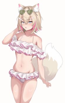 1girl animal_ear_fluff animal_ears bare_shoulders bikini blonde_hair blue_eyes breasts cowboy_shot dog_ears dog_girl dog_tail eyewear_on_head frilled_bikini frills highres hololive hololive_english multicolored_hair navel pink_hair sasaki_ikuya short_hair simple_background small_breasts solo streaked_hair sunglasses swimsuit tail two-tone_hair virtual_youtuber white_background