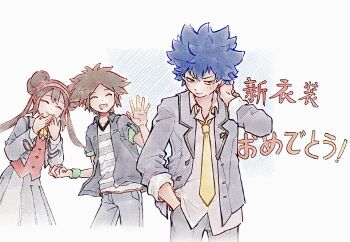 1girl 2boys :d blue_hair brown_hair closed_eyes closed_mouth commentary double_bun grey_jacket grey_pants grey_skirt hair_bun hand_in_pocket hand_up highres hugh_(academy)_(pokemon) jacket long_hair multiple_boys nate_(pokemon) necktie nintendo official_alternate_costume open_clothes open_jacket open_mouth pants pokemon pokemon_bw2 pokemon_masters_ex pokestar_studios red_vest rosa_(academy)_(pokemon) rosa_(pokemon) school_uniform shirt short_hair skirt smile symbol-only_commentary tan_carbonnn translation_request twintails undershirt vest wristband yellow_necktie