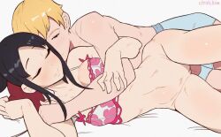 1boy 1girl animated black_hair blonde_hair blush boxers bra breasts cleft_of_venus closed_eyes closed_mouth clothed_sex collarbone feet_out_of_frame groin happy_sex hetero kaguya-sama_wa_kokurasetai_~tensai-tachi_no_renai_zunousen~ lit_silium looping_animation lying male_underwear medium_breasts medium_hair on_side penis pillow pussy sex sex_from_behind shinomiya_kaguya shirogane_miyuki short_hair sidelocks smile squinting tagme testicles thighs uncensored underwear video