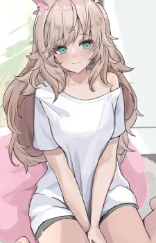 1girl animal_ears brown_hair commentary_request commission etoria green_eyes highres long_hair looking_at_viewer messy_hair mole mole_under_eye original shirt short_sleeves single_bare_shoulder single_off_shoulder sitting skeb_commission solo wariza white_shirt