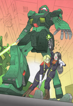 2girls aeug artist_request battle belt black_hair blonde_hair boots carrying carrying_person damaged debris dirty energy_sword firing fleeing glasses gloves gun gundam hallway hizack injury machinery mecha military_uniform mobile_suit multiple_girls muzzle_flash nemo_(mobile_suit) original red_visor robot ruins running scared science_fiction shell_casing shouting size_difference soldier submachine_gun sword titans_(gundam) twintails unconscious weapon white_gloves zeta_gundam