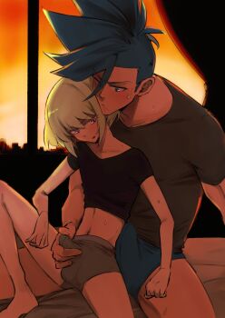 2boys aus_vaka black_shirt blue_eyes blue_hair blue_male_underwear blush bulge bulge_press couple crotch_grab earrings erection erection_under_clothes feet_out_of_frame galo_thymos grabbing_from_behind green_hair grey_male_underwear highres indoors jewelry lio_fotia male_focus male_underwear mohawk multiple_boys muscular muscular_male navel on_bed promare purple_eyes shirt short_hair short_hair_with_long_locks sidelocks single_earring sitting size_difference skinny spiked_hair sunset sweat triangle_earrings underwear yaoi