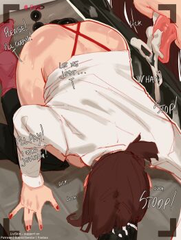 Rule 34 | 1girl, absurdres, alternate costume, anal beads, bdsm, blush, bondage, bottomless, bound, brown hair, chainsaw man, collared shirt, cum, cum in mouth, cum on tongue, english text, from above, higashiyama kobeni, highres, licking, licking cum, liuskin, pink socks, recording, red nails, sex toy, shibari, shirt, socks, solo focus, sound effects, tongue, tongue out, viewfinder