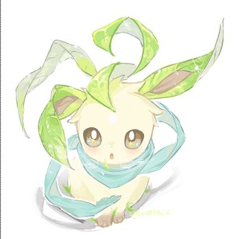 :o animal_focus blue_scarf bright_pupils brown_fur commentary full_body gen_4_pokemon green_fur highres leaf leafeon looking_at_viewer nintendo no_humans open_mouth pokemon pokemon_(creature) pokemon_focus scarf simple_background sitting sok_(mr14_c) solo white_background white_pupils yellow_fur