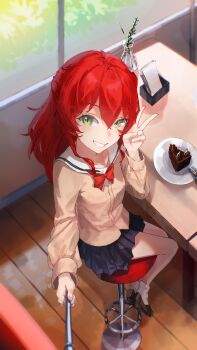 1girl absurdres blue_skirt bocchi_the_rock! bow bowtie brown_serafuku cake camera_view commentary day english_commentary food fork from_above from_side full_body grass green_eyes grin hair_between_eyes highres indoors kita_ikuyo loafers long_hair long_sleeves looking_at_viewer napkin panbalkon plate pleated_skirt red_bow red_bowtie red_hair sailor_collar school_uniform serafuku shoes skirt smile socks solo v white_sailor_collar white_socks