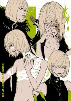 Rule 34 | 1boy, bandaged arm, bandaged chest, bandaged head, bandaged neck, bandages, bare shoulders, black nails, black shirt, blonde hair, bob cut, candy, chocolate, chocolate bar, cross, cross necklace, dated, death note, eating, facial scar, food, grid background, hair between eyes, hand on own face, hand on own neck, highres, holding, holding chocolate, holding food, jewelry, male focus, mello (death note), multiple views, nail polish, necklace, no eyebrows, noko (noko1280), scar, scar across eye, scar on cheek, scar on face, shirt, short hair, sleeveless, sleeveless turtleneck, solo, turtleneck, twitter username, upper body