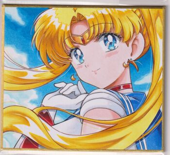 1girl bishoujo_senshi_sailor_moon blonde_hair blue_eyes blue_sailor_collar chikoto_(kztc4472) choker circlet double_bun earrings elbow_gloves gloves hair_bun hair_ornament highres jewelry long_hair looking_at_viewer looking_back magical_girl red_choker sailor_collar sailor_moon sailor_senshi_uniform smile solo traditional_media tsukino_usagi twintails very_long_hair white_gloves