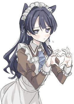 1girl animal_ears apron ascot black_hair blue_ascot blue_eyes blue_ribbon blush brown_dress cat_brooch cat_ears commentary_request dress embarrassed frilled_apron frills hair_ribbon heart heart_hands highres juliet_sleeves link!_like!_love_live! long_hair long_sleeves love_live! maid maid_apron maid_headdress murano_sayaka natsu_(natsukikenken) nyan_nyan_nyan_fair_in_gamers official_alternate_costume puffy_sleeves ribbon simple_background solo sweatdrop virtual_youtuber white_apron white_background